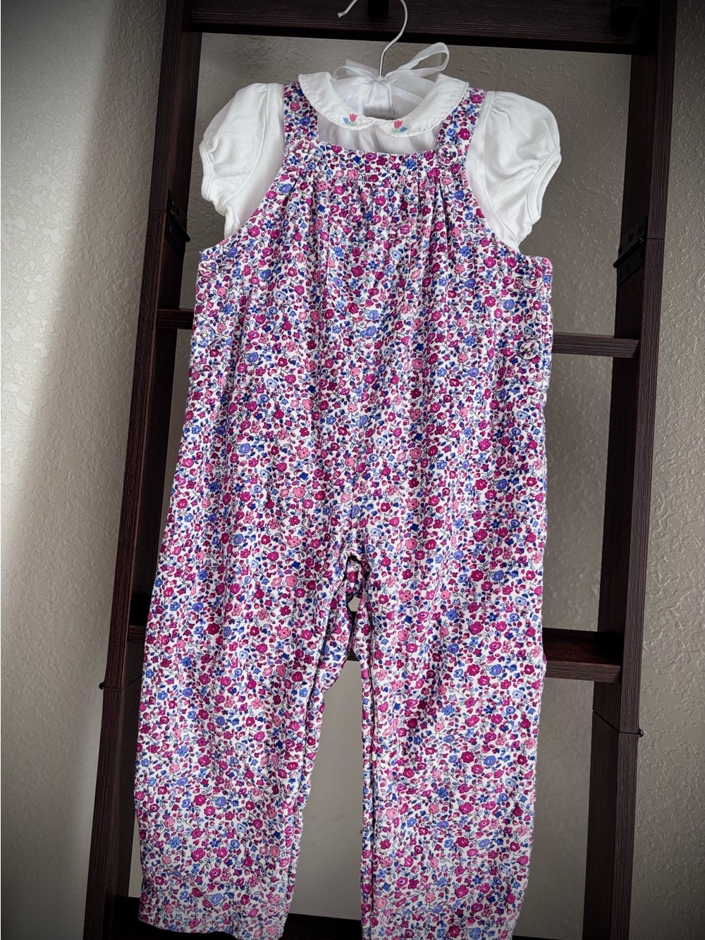 JoJo Maman Bebe Pink & Blue Floral Cotton Overalls.The blouse is not included.